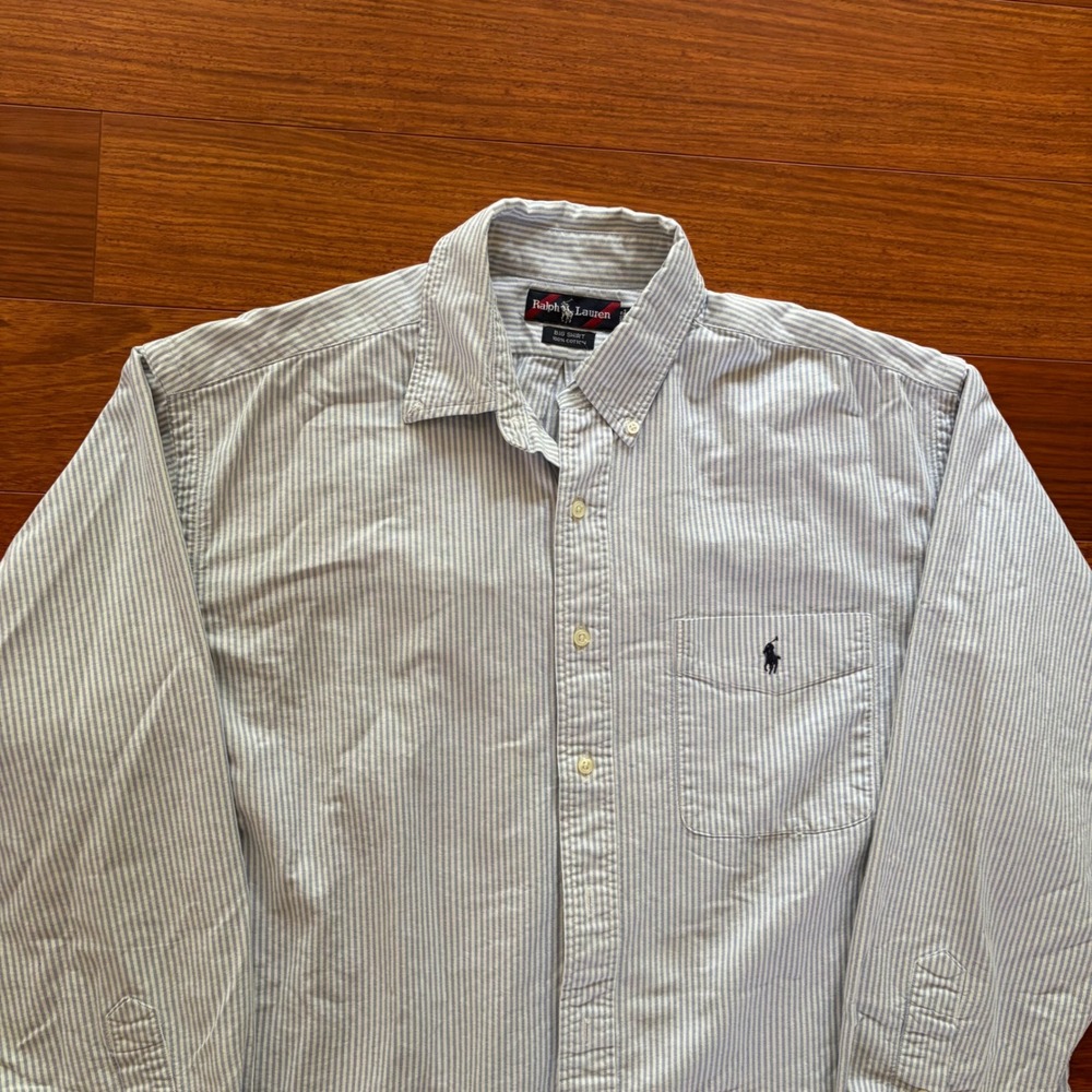 Vintage Ralph Lauren Striped Tag Big Shirt Blue White Striped Oxford Button Down